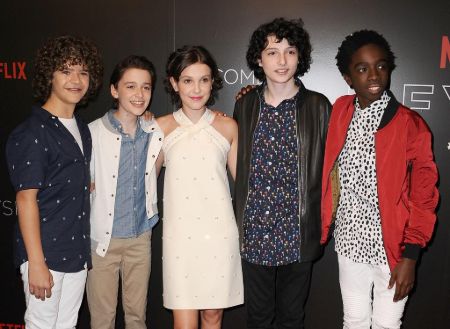 From left to right: Gaten Matarazzo,  Noah Schnapp,  Millie Bobby Brown, Finn Wolfhard, and Caleb McLaughlin